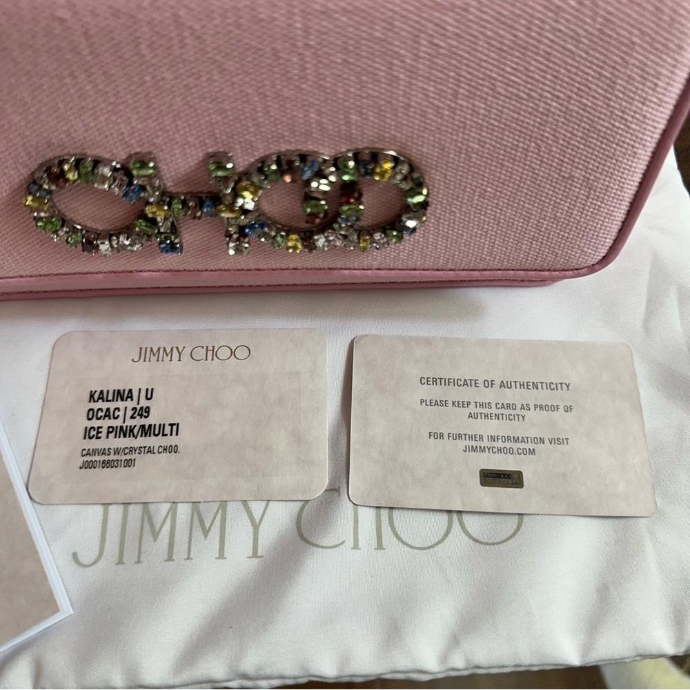 NWT Jimmy Choo | Pink Ecru Canvas Crystal Choo Crossbody Bag $1050 - Picture 2 of 7